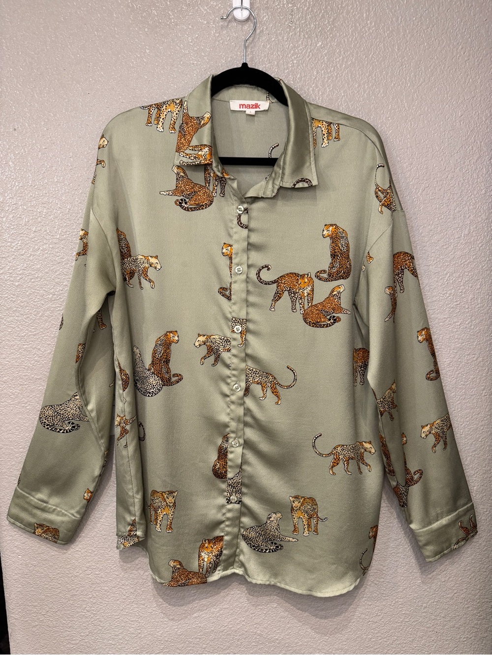 Mazik Leopard Big Cat Print Satin Button Down Blouse Sage Green L